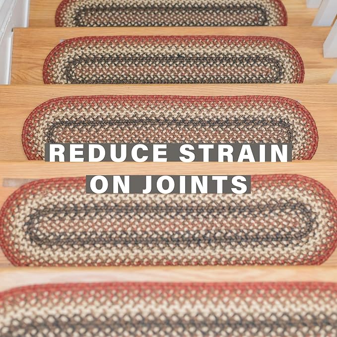 Homespice Chester Jute Braided Staircase Step Treads, Country Lodge Decor, Set of 13, Red 8x28 Oval Rug for Stairs - Easy to Clean, Tightly Stitched and Durable