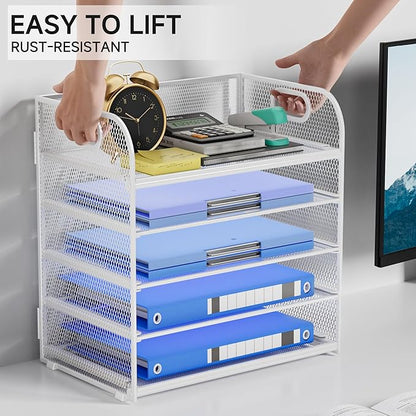 5-Tier Stackable Paper Organizer with Handle, White Metal Mesh Desk Organizer Letter Tray | Office Storage & Organization for Home, School & Workplace