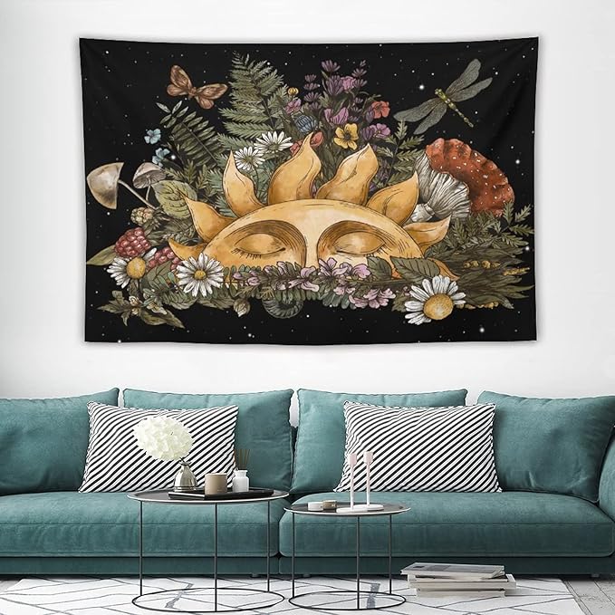 Vintage Sun Tapestry,Boho Hippie Mushroom Starry Floral Forest Plant Tapestries Wall Hanging for Dorm Living Room Bedroom Home Decor(40"x60")