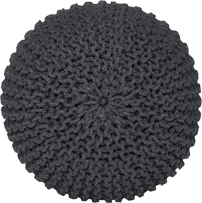 REDEARTH · Round Pouf Foot Stool Ottoman - Cotton Hand Knitted Dori Pouffe - Cord Boho Home Décor - Stuffed Cable Poof for Living Room - Bedroom (19.5"x19.5"x14") - Dark Gray, Set of 2
