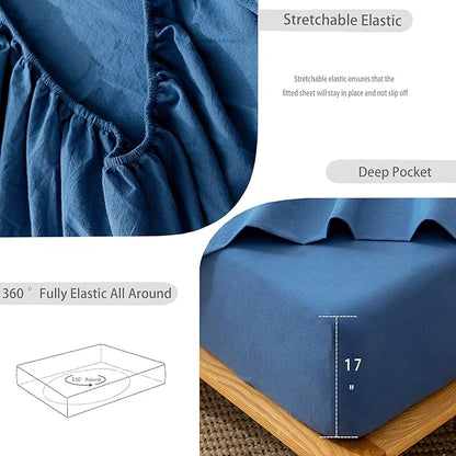 MooMee Bedding Sheet Set 100% Washed Cotton Linen Like Textured Breathable Durable Soft Comfy (Solid Navy, King)