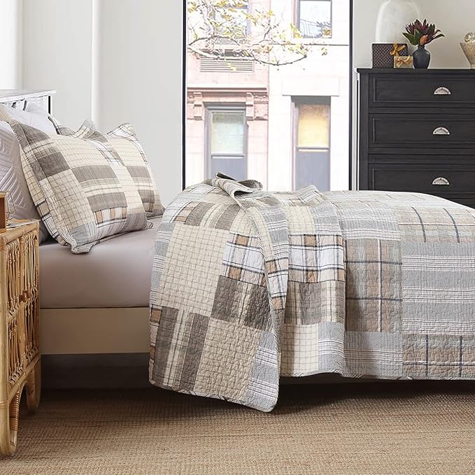 Quilts Queen Size - Queen Quilted Bedspread Sets, 100% Cotton Patchwork Quilt Bedding Set for Queen Bed, 3 Pieces Plaid Farmhouse Reversible Rustic Lightweight Comforter