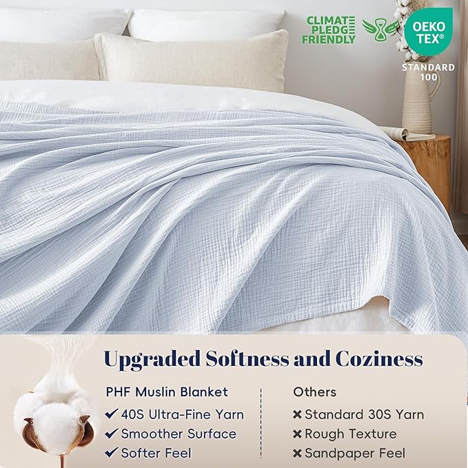 PHF 100% Cotton Muslin Blanket Queen Size 90"x90", 4-Layer Lightweight Gauze Throw, Breathable Cloud-Soft Minimalist Blanket for Bed, Couch, Camping & Baby, Ancient Water, Ideal Gift