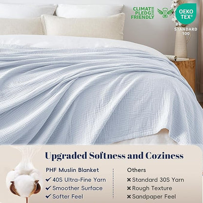 PHF 100% Cotton Muslin Blanket Queen Size 90"x90", 4-Layer Lightweight Gauze Throw, Breathable Cloud-Soft Minimalist Blanket for Bed, Couch, Camping & Baby, Ancient Water, Ideal Gift