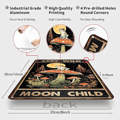 Funny Frog Mushroom Metal Sign, STAY WILD MOON CHILD Cottagecore Goblincore Wall Art, Vintage Tin Plaque for Bathroom Kitchen Bedroom, Whimsical Forest Decor, Mushroom Gifts - 8x12 Inches