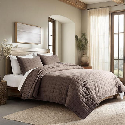 EVERGRACEHOME 100% Cotton Box Stitch Quilt Bedding Set Queen Size 3 Pieces, Garment-Washed Lightweight Soft Cozy Coverlet, Quilted Bedspread Sets with 2 Shams for All Season, Cocoa Brown