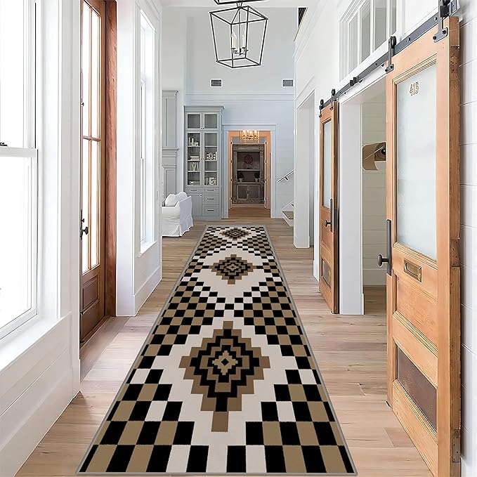 Retro Moroccan Farmhouse Decor Rug Runners for Hallways, 2x7ft, Black Linen Checkered Entryway Carpet, Rubber Backed Low Pile Easy Clean Carpets, Durable Reduce Noise Rugs for Floor