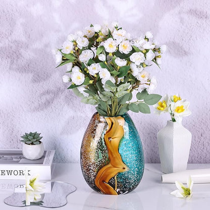 Teal Glass Vase,Hand Blown Green Glass Flower Vases Bulk,Murano Glass Vases,Unique Table Glass Decor, Flowers with Vase Decorative,Teal Vase Decor,for Bookshelf,Living Room,Office,Gift (S)