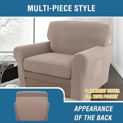 H.VERSAILTEX Multi-Pieces Chair Covers Stretch Couch Covers Form Fitted Seat and Back Cushions Covers (1 Seat Cover Plus 1 Back Cusion Cover, Bonus 2 Armrest Covers), Sand