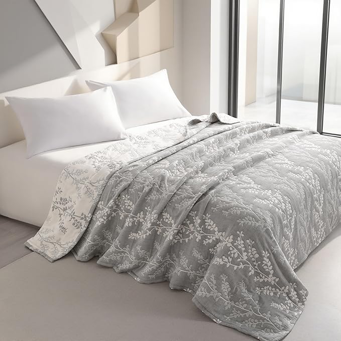 NTBAY 3 Layers Cotton Muslin 88x92 Queen Bed Blanket, Super Soft Breathable Thermal Yarn Dyed Quilt for Adults, Perfect Lightweight Blanket for Couch Sofa Bed All Seasons, Grey Tree