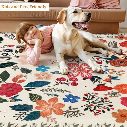 Tangsoo Runner Rug for Hallways Kitchen Rug, Non Slip 2x6 Washable Boho Floral Rug Runner for Entryway, Low Pile Carpet Door Mat Indoor Entrance for Kids Room Bedroom Laundry Office(White/Beige)