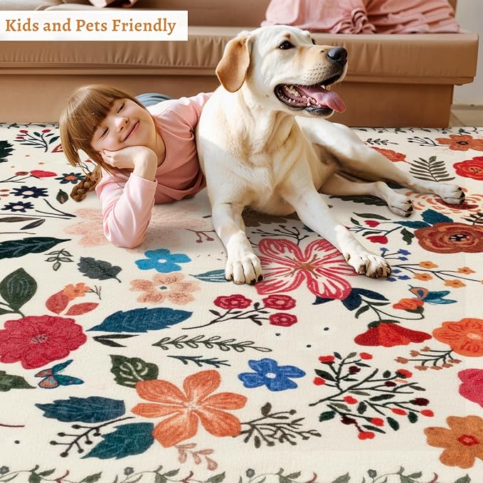 Tangsoo 2x3 Small Area Rug for Entryway, Non Slip Machine Washable Boho Floral Entry Rug, Soft Low Pile Throw Rugs Door Mat Indoor Entrance Floor Carpet for Bedroom Kitchen Bathroom, Kids Room(Beige)