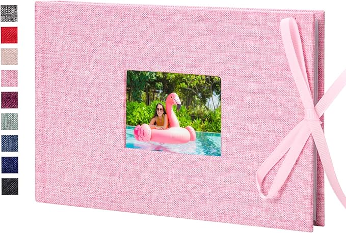 Vienrose Photo Album 4x6 50 Pockets Linen Frame Cover with Memo Areas Photobook Mini Slip-in Picture Book for Wedding Baby Vacation, Pink