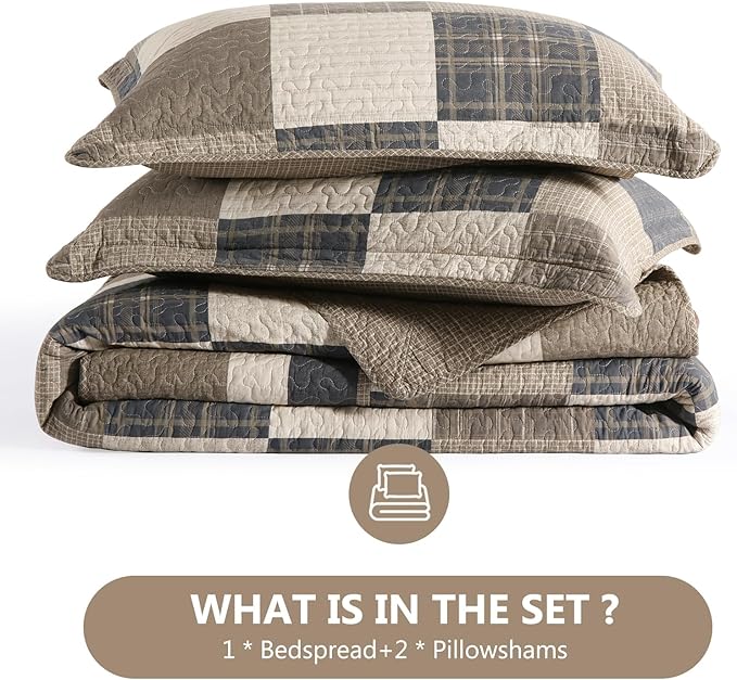 100% Cotton 120"x120" Oversized Quilt Bedspread, Plaid Pattern California King Extra Large Quilt Bedding Set, Reversible Cal King XL Bed Spread Lightweight Comforter, Brown/Beige/Cream, 3Pcs