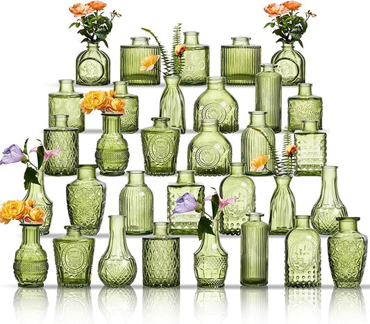 Glass Bud Vases Set of 32 - Green Assorted Small Mini Glass Vases for Flowers, Crystal Vintage Vase Set, Bulk Centerpieces for Table Décor, Wedding, Home and Events (Green, 32 Pcs)
