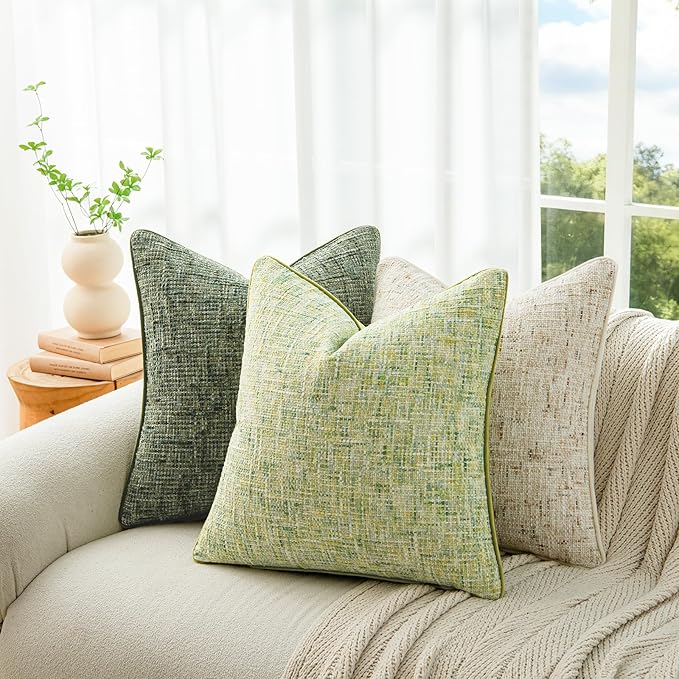 a moment Green Reversible Pillow Covers 2 Pack - Farmhouse Chenille Throw Pillows, Neutral Textured Decorative Throw Pillow Covers with Border for Couch Sofa Bed (12x20 Inch, No Insert)