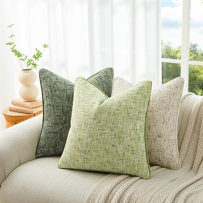 a moment Green Reversible Pillow Covers 2 Pack - Farmhouse Chenille Throw Pillows, Neutral Textured Decorative Throw Pillow Covers with Border for Couch Sofa Bed (12x20 Inch, No Insert)