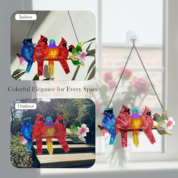 DASTOLL Stained Glass Window Hanging - Large Stained Glass Birds on Branch, Birds Sun Catchers Indoor Window with Chain and Hook Gifts for Bird Lover, Mom, Grandma, Stocking Stuffers for Women