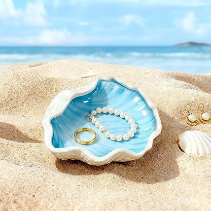 Seashell Ceramic Jewelry Trinket Tray, Blue White Decorative Ring Holder Dish for Rings Earrings Necklaces, Women’s Birthday Gift, Mother’s Day Present