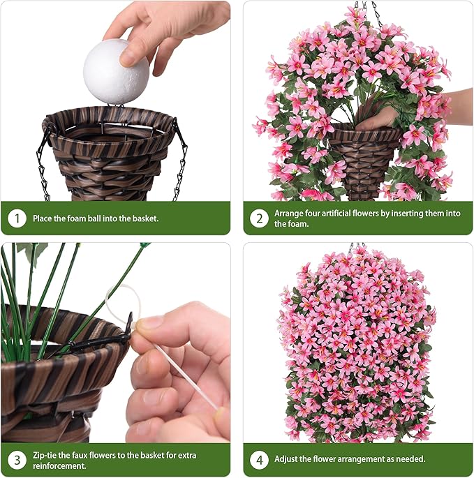 Artificial Flowers Plants for Outdoor with Basket, 4PCS Silk Hanging Faux Flowers Long Trailing Vines for Outside Home Porch Patio Decoration, Pink