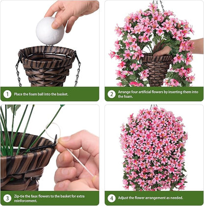 Artificial Flowers Plants for Outdoor with Basket, 4PCS Silk Hanging Faux Flowers Long Trailing Vines for Outside Home Porch Patio Decoration, Pink