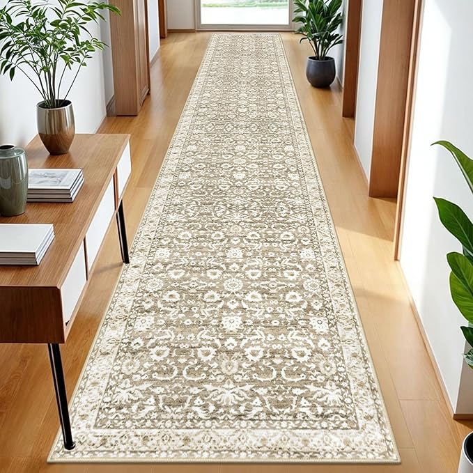 Vintage Runner Rug 2x12, Beige Tan White Washable Long Kitchen Runner Non-Slip Floral Soft Hallway Rug Runner Thin Print Faux Wool Carpet for Entryway Bedroom Laundry Room Indoor Home Decor