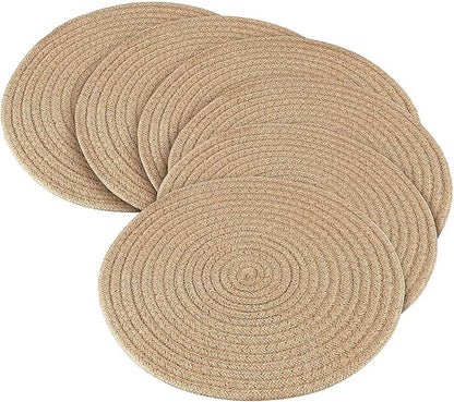 Jute Woven Placemats Set of 6, Round Braided Tablemats 13.8 inch Natural Jute Plat Chargers Handmade Woven Placemats Heat Resistant Non-Slip Potholder for Table Decoration