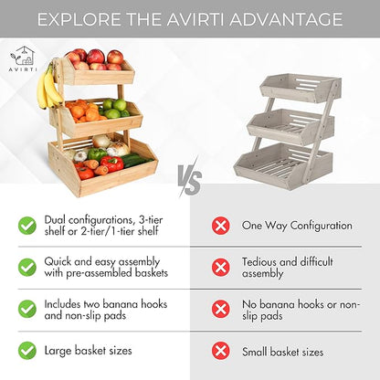 3-Tier Bamboo Fruit Basket – Transforms To 2-Tier | 2 Banana Hooks Included – 14" W x 12.5" L x 19" H – Fruit Holder for Kitchen Countertop - Fruits & Vegetable Storage – Large Capacity Shelf