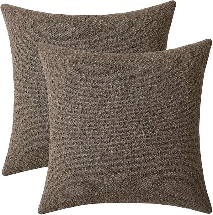 Jeneoo Light Brown Decorative Square Thick Throw Pillow Covers Fine Textured Boucle Couch Cushion Cases for Living Room Sofa Home Decor, Set of 2, 18 x 18 Inch