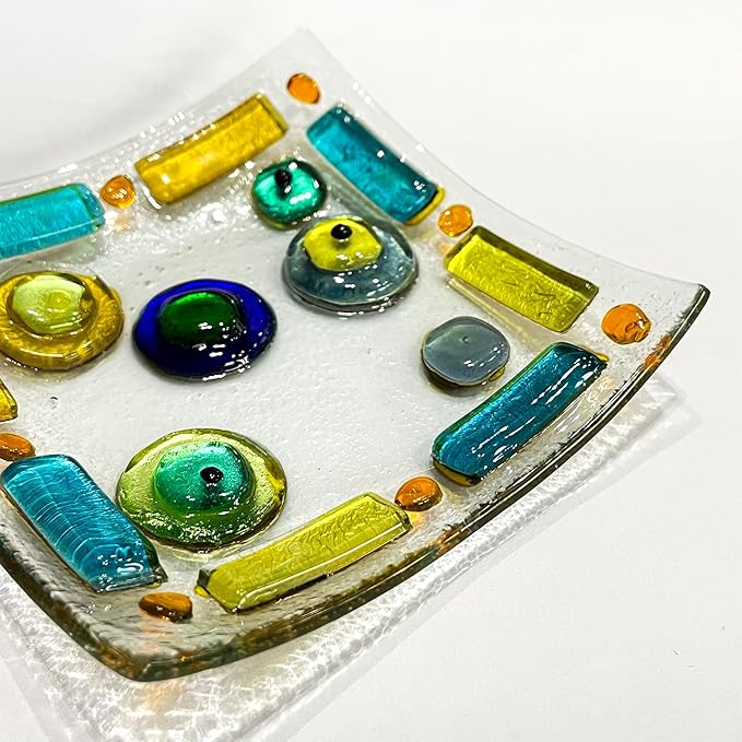 LADY&HOME Glass Decorative Jewelry Tray,Fused Art Glass Silver Foil Trinket Dish for Earrings,Necklace,Keys,Birthday Mother's Day Christmas Gifts for Women (Eyes)