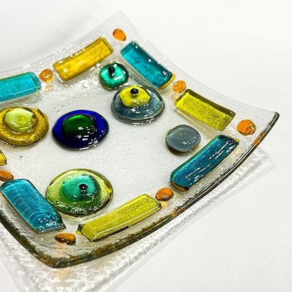 LADY&HOME Glass Decorative Jewelry Tray,Fused Art Glass Silver Foil Trinket Dish for Earrings,Necklace,Keys,Birthday Mother's Day Christmas Gifts for Women (Eyes)