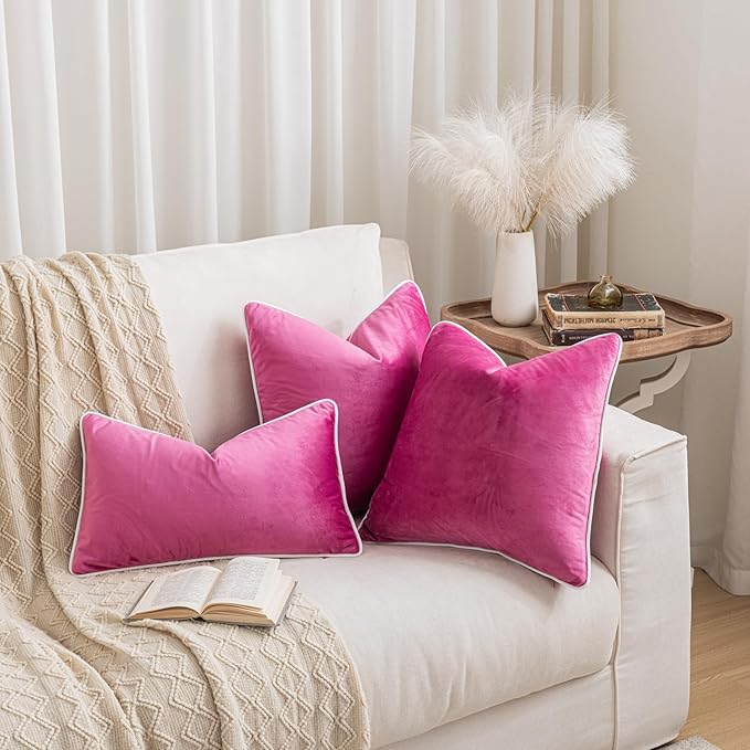 LIGICKY Set of 2 Hot Pink and White Velvet Throw Pillow Covers Modern Minimalist Style Solid Decorative White Rope Edging Soft Square Cushion Cases for Sofa Bedroom Party Décor, 18 x 18 inch
