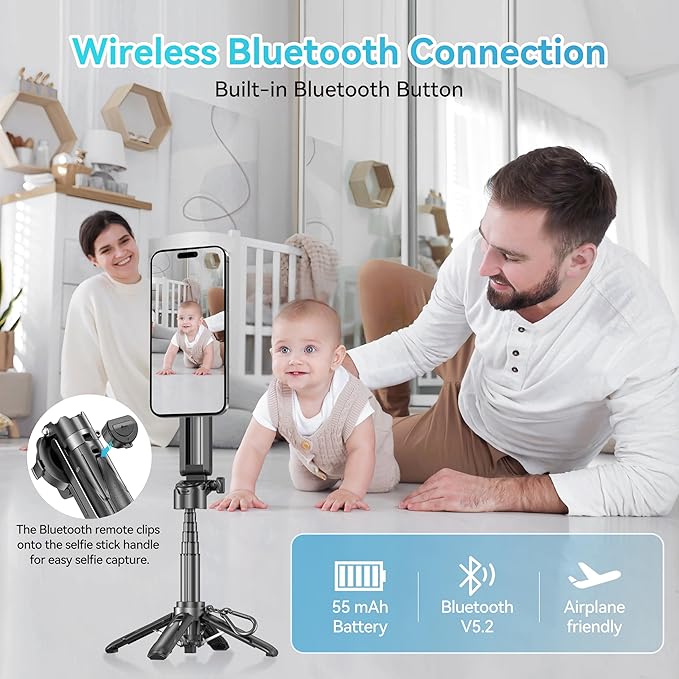FOURPILLARS Magnetic Tripod Stand for iPhone, Mini Selfie Stick Tripod with Detachable Remote, Portable Cell Phone Tripod Stand Compatible with iPhone/Android, Live Streaming, Video Recording