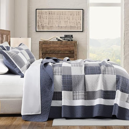 100% Cotton Quilts King Size, King Quilt Bedding Set Bedspread, Patchwork Plaid Quilt for King Bed, 3 Pieces Farmhouse Reversible Lightweight Comforter Bed Spread, Blue/Beige/White