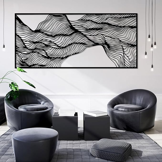 Abstract Lines Metal Wall Decor, Abstract Wavy Lines Metal Wall Art, Large Contemporary Wall Decor, Minimalist Line Wall Art, Modern Geometric Wall Sculpture for Living Room (Silver, 41"x19"/105x47cm)