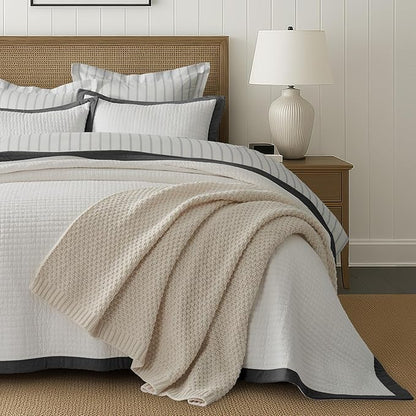 EVERGRACE Cotton Border Frame Tack-Stitch Quilt Bedding Set Queen Size, Coastal Oversized 3 Pieces Lightweight Bedspread Coverlet for All Season, with 2 Matching Shams, Washed Black