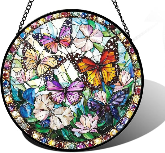 DASTOLL Stained Glass Window Hanging, Colorful Butterfly Suncatcher for Doors Home Sun Catchers Decoration and Christmas, Mother's Day Birthday Gifts for Women, Men, and Mom 11.8x11.8 in