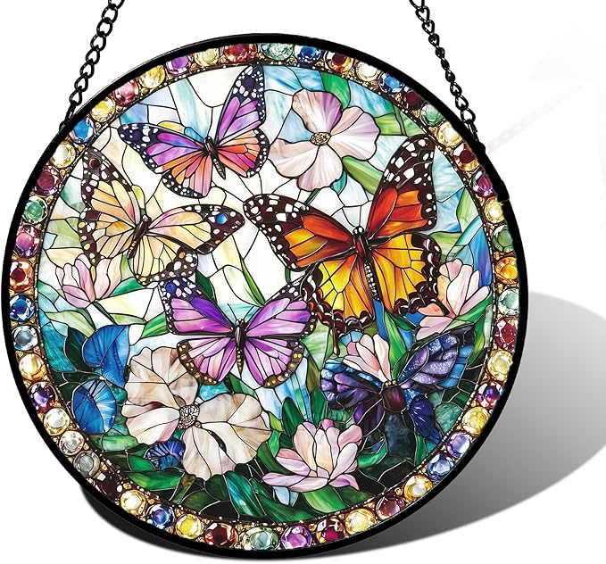 DASTOLL Stained Glass Window Hanging, Colorful Butterfly Suncatcher for Doors Home Sun Catchers Decoration and Christmas, Mother's Day Birthday Gifts for Women, Men, and Mom 6.3 in