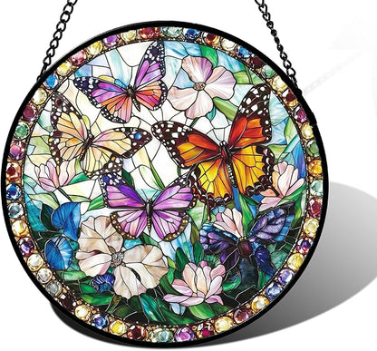 DASTOLL Stained Glass Window Hanging, Colorful Butterfly Suncatcher for Doors Home Sun Catchers Decoration and Christmas, Mother's Day Birthday Gifts for Women, Men, and Mom 9.8 in