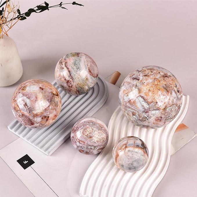 JIC Gem Large Striped Agate Crystal Sphere with Stand Gemstone Decorative Ball for Home Decor Altar Reiki Healing Gift 80-90mm