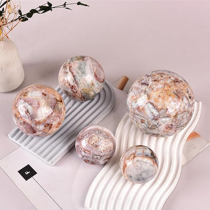 JIC Gem Large Striped Agate Crystal Sphere with Stand Gemstone Decorative Ball for Home Decor Altar Reiki Healing Gift 80-90mm
