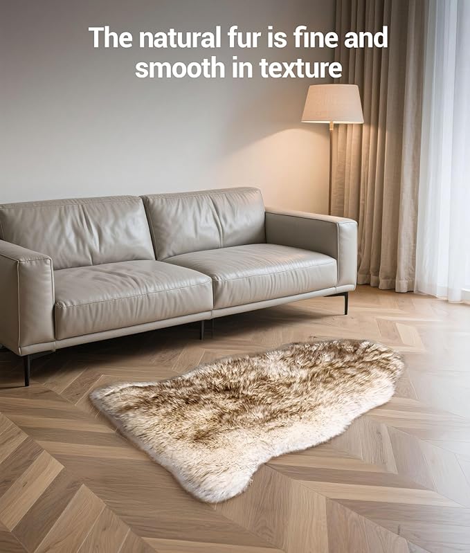 DPB Genuine Sheepskin Throw Rug, New Zealand 100% Natural Luxury Fluffy Lambskin Fur Area Rug for Sofa Chair Seat Cove Living Room Bedroom (Wolf Brown Tips, 2x3Ft)
