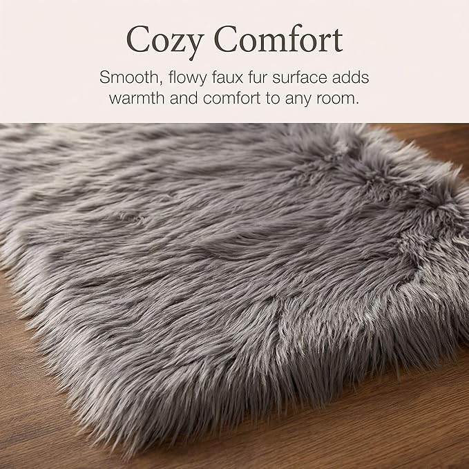 3 x 5 ft Fluffy Gray Rug – Cozy Faux Fur Rug for Bedroom, Living Room, or Nursery – Soft Faux Sheepskin Decor Accent