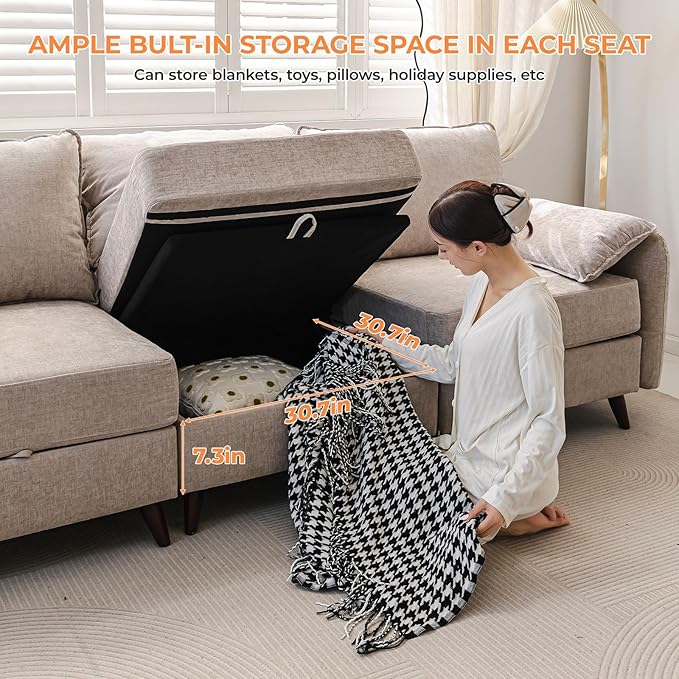 135'' Modular Sectional Sofa with Seats Storage, Oversized Sleeper Sofa Bed,Comfy Couches for Living Room,Cloud Couches with Deep Seat,Movable Ottoman,2 Throw Pillow,Chenille,Khaki