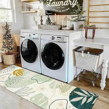 Lahome Green Hallway Runner - 2x7 Washable Non-Slip Runner Rug Throw Lightweight Soft Bathroom Runner Rug, Boho Botanical Print Indoor Carpet Runner for Bedroom Kitchen Entrance Laundry Living Room