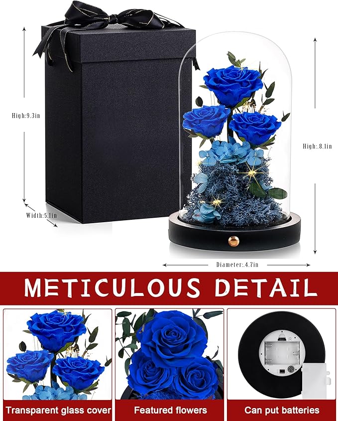 Valentines Day Flowers Roses Gifts for Her,Forever Real Preserved Roses in Glass Dome,Valentines Day Anniversary Birthday Gifts for Wife Girlfriend Women Mom Best Friend Her/Blue Rose