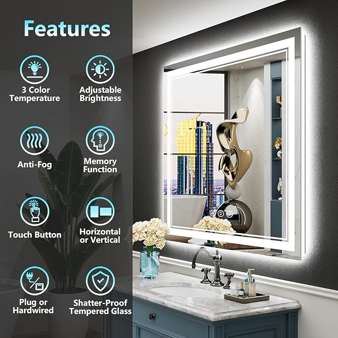 36x36 Inch LED Bathroom Mirror with Lights, Backlit & Front Lit, Anti-Fog Lighted Vanity Mirrors for Bathroom Wall, Dimmable, 3 Color Temperatures, Memory, Shatter-Proof, HD Tempered Glass