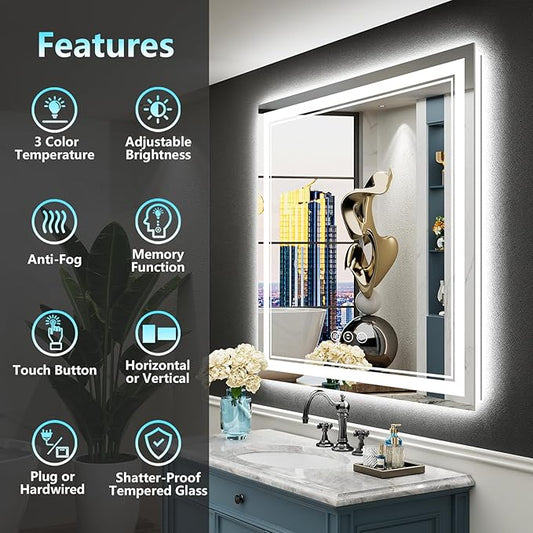 36x36 Inch LED Bathroom Mirror with Lights, Backlit & Front Lit, Anti-Fog Lighted Vanity Mirrors for Bathroom Wall, Dimmable, 3 Color Temperatures, Memory, Shatter-Proof, HD Tempered Glass