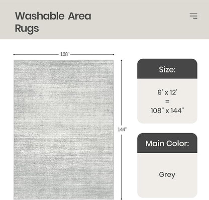 Valenrug Washable Rugs - Stain Resistant Area Rugs 9x12 Living Room, Non Slip Backing Printed Rugs for Bedroom, Folable Machine Washable Area Rug (Grey, 9'x12')