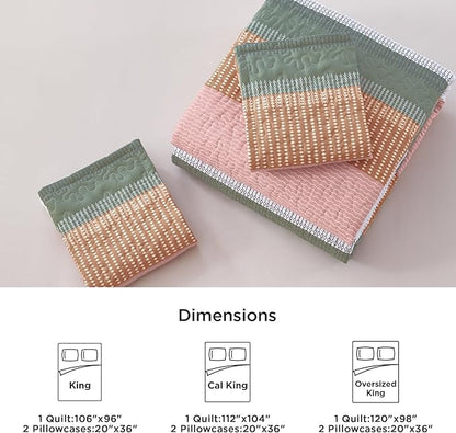 Litanika California King Quilt Set Pink, Green and White, Orange Stripe Patchwork Summer Bedspread Coverlet, Soft Lightweight Microfiber Quilt Bedding Set for All Season(1 Quilt, 2 Pillowcases)